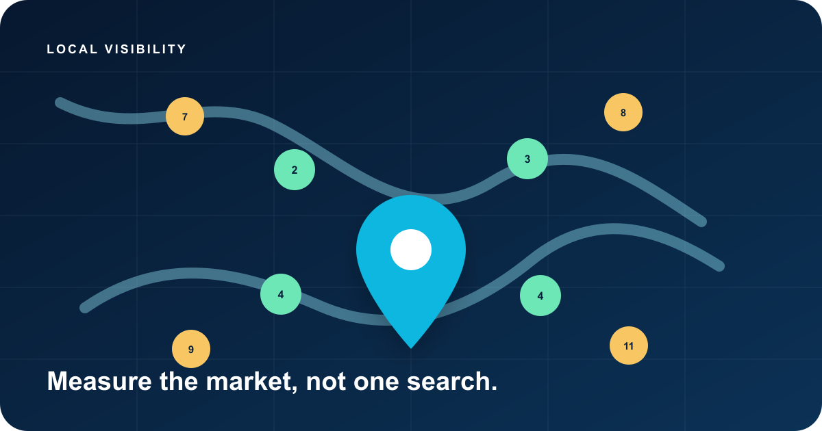 Illustrated local search visibility grid showing rankings that change across a service area