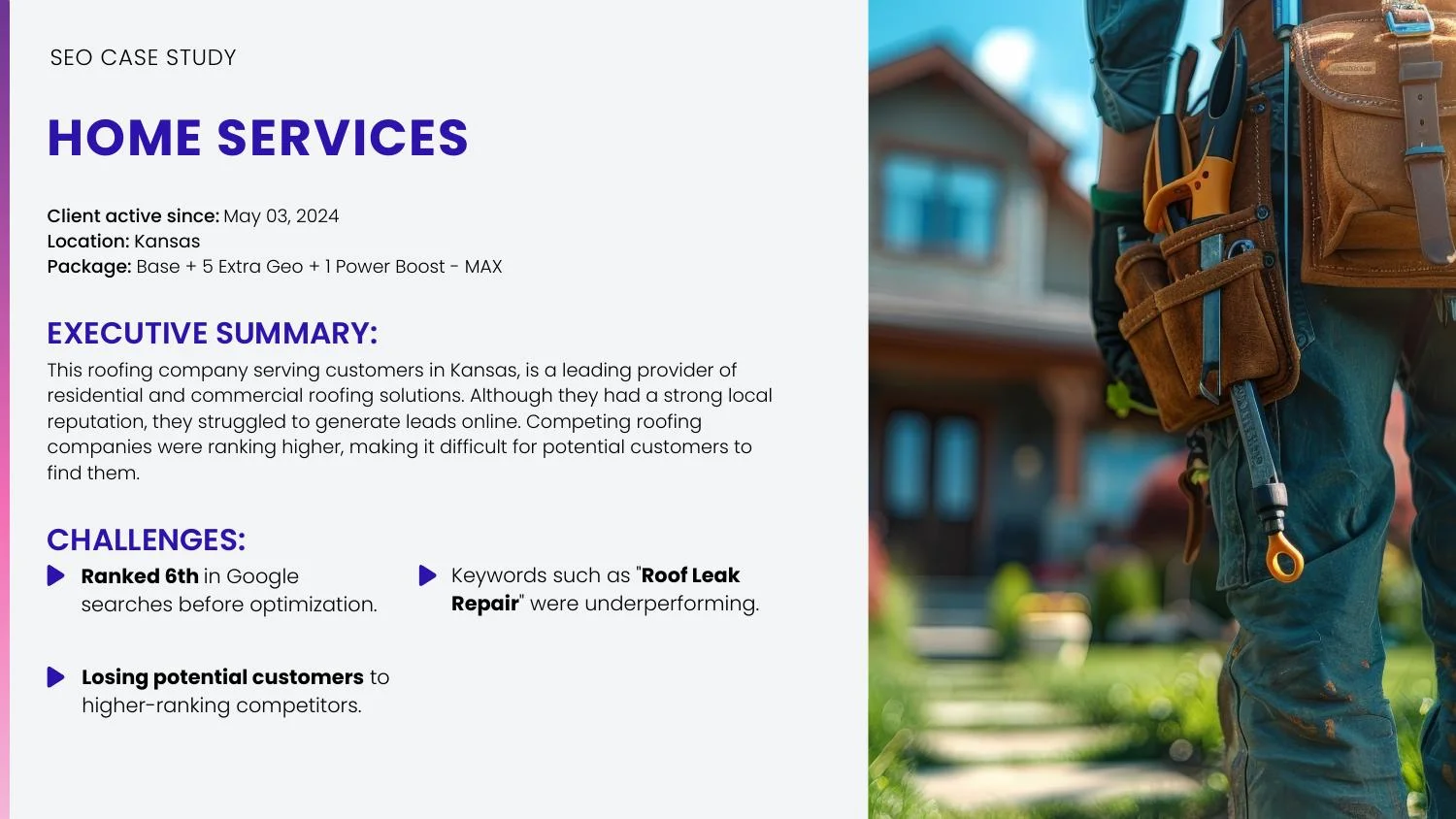 Partner case study for a Kansas roofing business, active since May 2024, using an expanded SEO program