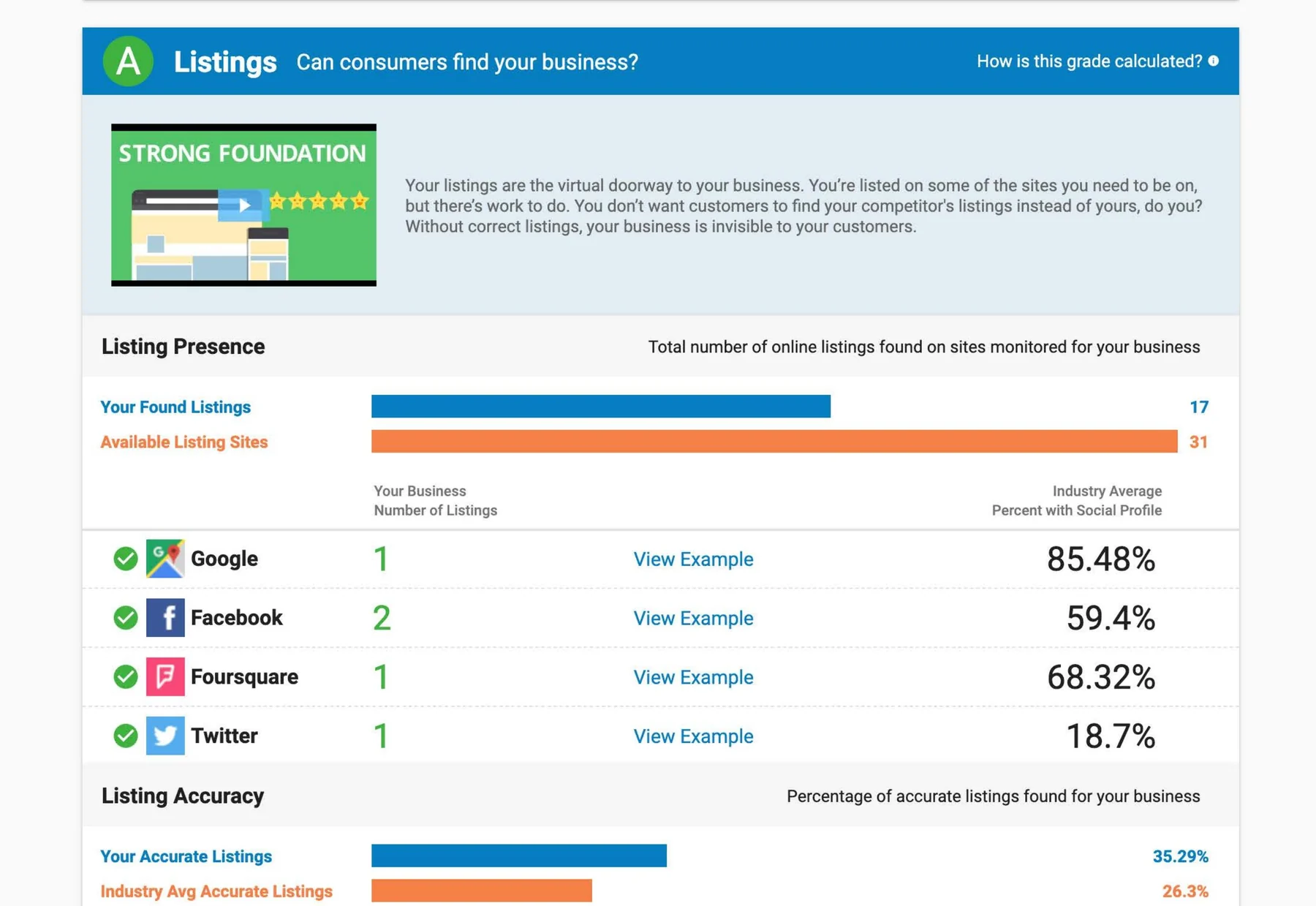 Sample Snapshot Report listings presence and accuracy analysis