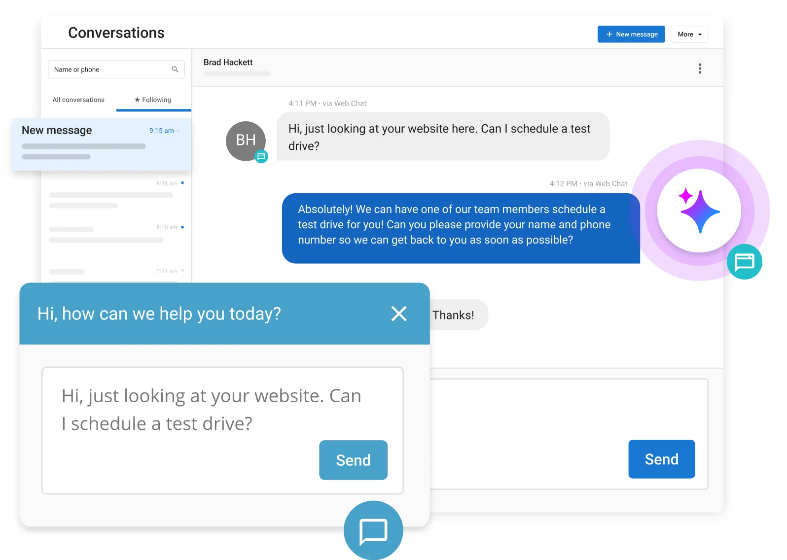 Vendor example of a captured automotive inquiry in the Conversations AI inbox
