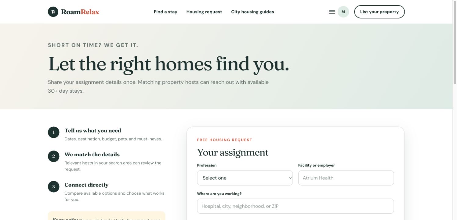 RoamRelax traveler housing request workflow for assignment details, dates, budget, pets, and housing needs