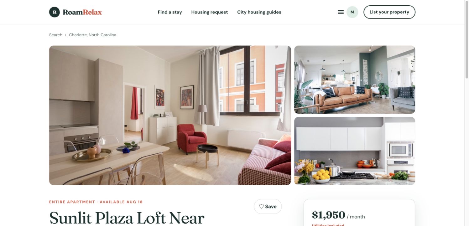 RoamRelax property detail experience showing amenities, hospital commute, monthly pricing, and an inquiry action