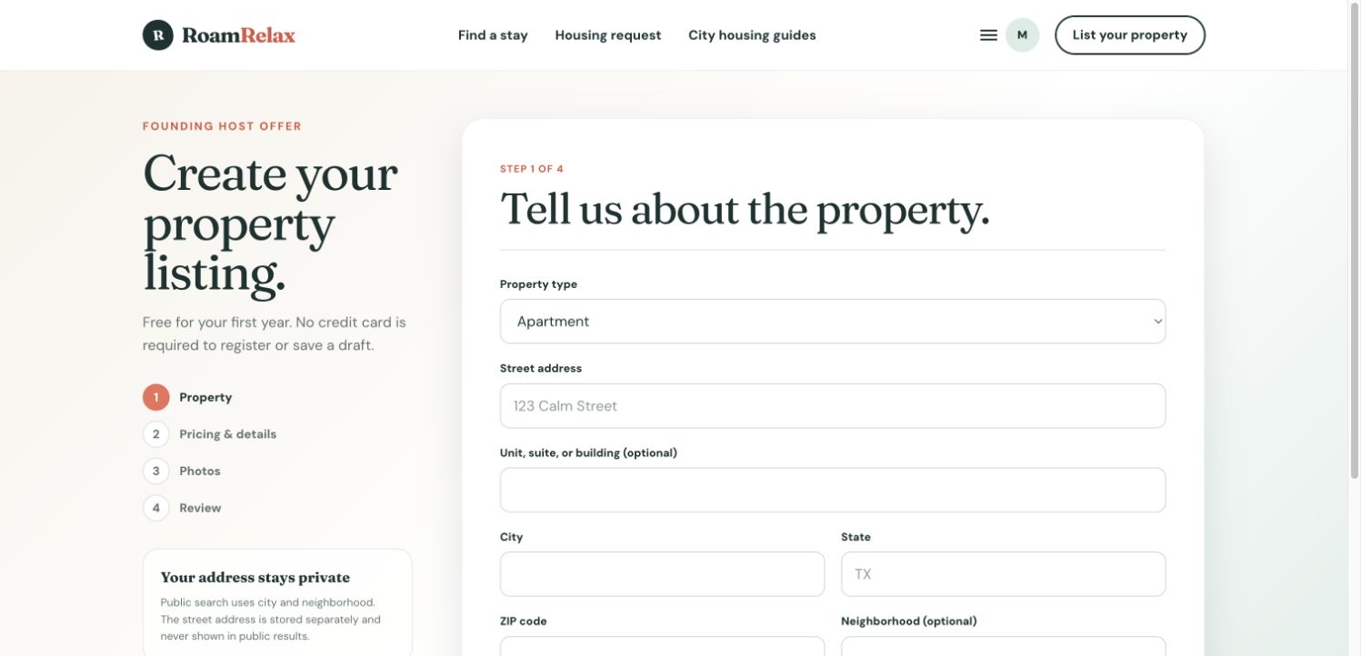 RoamRelax property-owner listing builder with property, pricing, photos, and review steps