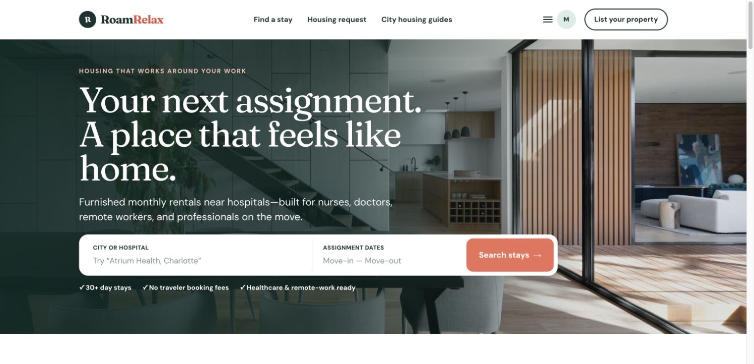 RoamRelax furnished housing marketplace homepage designed around traveling professionals
