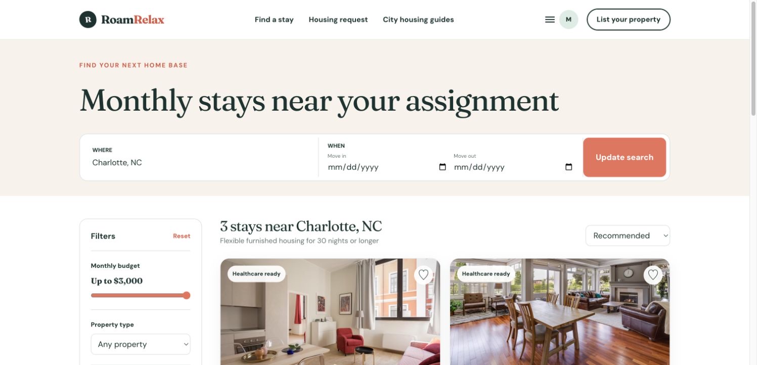 RoamRelax marketplace search results with monthly budget, property type, amenity filters, and assignment dates